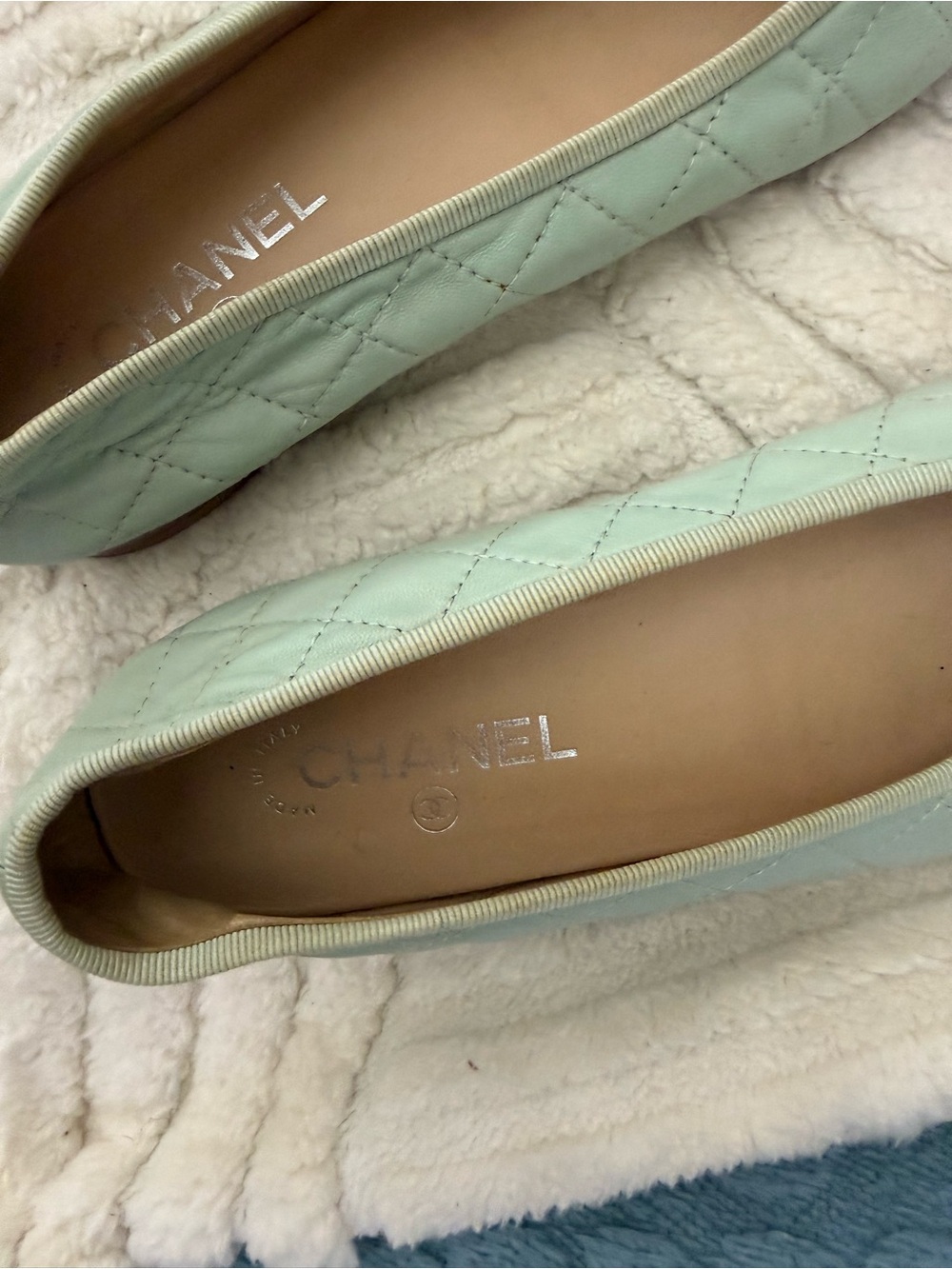 CHANEL Mint Green Quilted Leather Ballet Flats with CC Cap Toe - Picture 7 of 10